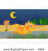 Big Cat Cartoon Vector Clipart of a Tiger Thinking by a Sign on a Road at Night by