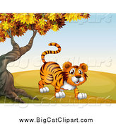 Big Cat Cartoon Vector Clipart of a Tiger Under an Autumn Tree by