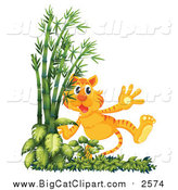 Big Cat Cartoon Vector Clipart of a Tiger Walking by Bamboo by