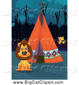 Big Cat Cartoon Vector Clipart of a Tiger Watching a Lion at a Tipi by