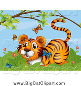 Big Cat Cartoon Vector Clipart of a Tiger Watching Butterflies in a Bush by