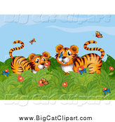 Big Cat Cartoon Vector Clipart of a Tigers Playing with Butterflies by