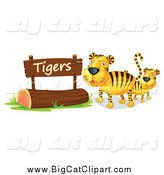 Big Cat Cartoon Vector Clipart of a Two Tigers by a Wooden Sign by