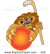Big Cat Cartoon Vector Clipart of a Vicious Lion Character Mascot Grabbing a Hockey Ball by Toons4Biz