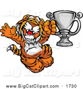 Big Cat Cartoon Vector Clipart of a Victorioius Tiger Champion Mascot Holding a Trophy by Chromaco