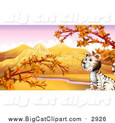 Big Cat Cartoon Vector Clipart of a White Tiger in an Autumn Valley by