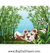 Big Cat Cartoon Vector Clipart of a White Tiger in Bamboo, with Mountains by