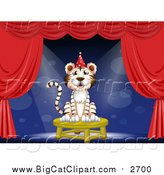 Big Cat Cartoon Vector Clipart of a White Tiger Wearing a Party Hat and Performing on Stage by