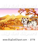 Big Cat Cartoon Vector Clipart of a White Tiger with Blossoms and an Autumn Landscape by