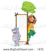 Big Cat Cartoon Vector Clipart of a Wild Animals Around a Sign by