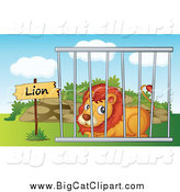 Big Cat Cartoon Vector Clipart of a Zoo Lion Resting in a Cage by