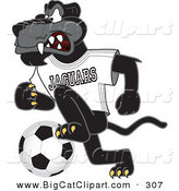 Big Cat Cartoon Vector Clipart of an Angry Black Jaguar Mascot Character Kicking a Soccer Ball by Toons4Biz