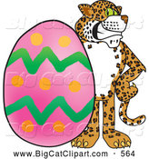 Big Cat Cartoon Vector Clipart of an Outgoing Cheetah, Jaguar or Leopard Character School Mascot with an Easter Egg by Toons4Biz
