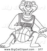 Big Cat Cartoon Vector Clipart of an Outline Design of a Panther Character Mascot Dribbling a Basketball by Mascot Junction