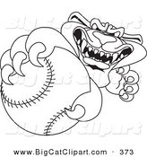 Big Cat Cartoon Vector Clipart of an Outline Design of a Panther Character Mascot Grabbing a Baseball by Mascot Junction