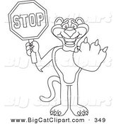 Big Cat Cartoon Vector Clipart of an Outline Design of a Panther Character Mascot Holding a Stop Sign by Mascot Junction