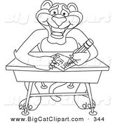 Big Cat Cartoon Vector Clipart of an Outline Design of a Panther Character Mascot Taking a Quiz by Mascot Junction