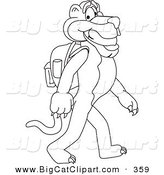 Big Cat Cartoon Vector Clipart of an Outline Design of a Panther Character Mascot Walking to School by Mascot Junction