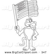 Big Cat Cartoon Vector Clipart of an Outline Design of a Panther Character Mascot Waving an American Flag by Mascot Junction