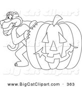 Big Cat Cartoon Vector Clipart of an Outline Design of a Panther Character Mascot with a Pumpkin by Toons4Biz