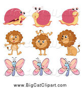 Big Cat Cartoon Vector Clipart of Happy Snails Lions and Butterflies by