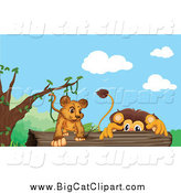 Big Cat Cartoon Vector Clipart of Lions on a Log by