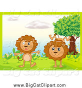 Big Cat Cartoon Vector Clipart of Lions Playing in a Garden by