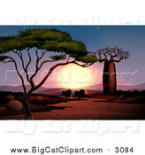 Big Cat Cartoon Vector Clipart of Lions Silhouetted at Sunset by