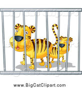 Big Cat Cartoon Vector Clipart of Zoo Tigers in a Cage by