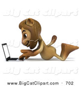 Big Cat Clipart of a 3d Male Lion Using a Laptop on the Floor by