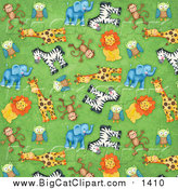 Big Cat Clipart of a Background of Cute Monkeys Owls Giraffes Zebras Lions and Elephants on Green by