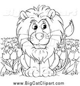 Big Cat Clipart of a Black and White Lion Sitting in a Tulip Field by Alex Bannykh