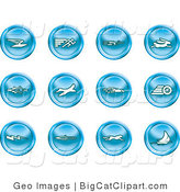 Big Cat Clipart of a Collection of Blue Speed Buttons of Email, Runner, Super Hero, Rabbit, Jet, Bird, Race Car, Tire, Lightning Bolt, Rocket, Cheetah and Sailboat by AtStockIllustration