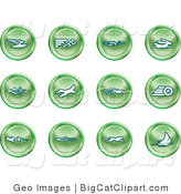 Big Cat Clipart of a Collection of Green Speed Buttons of Email, Runner, Super Hero, Rabbit, Jet, Bird, Race Car, Tire, Lightning Bolt, Rocket, Cheetah and Sailboat by AtStockIllustration