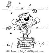 Big Cat Clipart of a Coloring Page of a Tiger Character Wearing Boxing Gloves and Standing on a Stack of Coins by Hit Toon