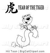 Big Cat Clipart of a Coloring Page of a Wealthy Tiger Riding a Dollar Symbol with a Year of the Tiger Chinese Symbol and Text by Hit Toon