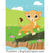 Big Cat Clipart of a Curious Lion Cub Walking by a Pond Edge by Pushkin
