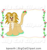 Big Cat Clipart of a Cute Male Lion with a Heart on His Tail, over a White Stationery Background Bordered by Flowers and Vines by
