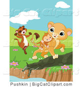 Big Cat Clipart of a Ferret and Lion Cub Saving a Monkey from a Pond by Pushkin