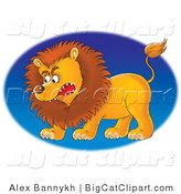 Big Cat Clipart of a Growling Mad Male Lion Facing Left, over a Blue Oval by Alex Bannykh