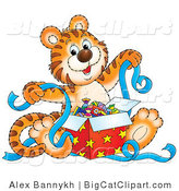 Big Cat Clipart of a Happy Tiger Cub Holding Ribbons While Opening Presents by Alex Bannykh