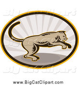 Big Cat Clipart of a Jumping Cougar in an Oval of Rays by Patrimonio