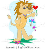 Big Cat Clipart of a Lion Standing on Its Hind Legs, Playing with Floating Flowers in the Shape of Hearts by