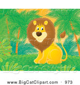 Big Cat Clipart of a Male Lion Sitting Under Palm Trees by Alex Bannykh