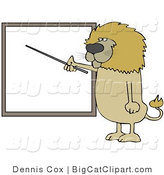 Big Cat Clipart of a Male Lion Teacher Standing and Using a Pointer Stick to Discuss Rules on a Blank Board by Djart