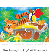 Big Cat Clipart of a Striped Tiger by an Orange Bird Flying by a Parrot Perched on a Treasure Chest Full of Gold and Diamonds by Alex Bannykh
