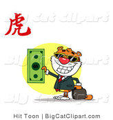 Big Cat Clipart of a Successful Tiger Holding a Dollar Bill with a Year of the Tiger Chinese Symbol by Hit Toon