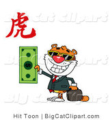 Big Cat Clipart of a Wealthy Grinning Tiger Holding a Dollar with a Year of the Tiger Chinese Symbol by Hit Toon