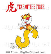 Big Cat Clipart of a Wealthy Tiger Riding a Golden Dollar Symbol with a Year of the Tiger Chinese Symbol and Text by Hit Toon