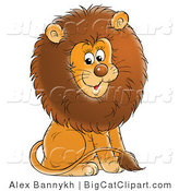 Big Cat Clipart of a Young Male Lion with a Big Fluffy Brown Mane, Sitting and Smiling by Alex Bannykh